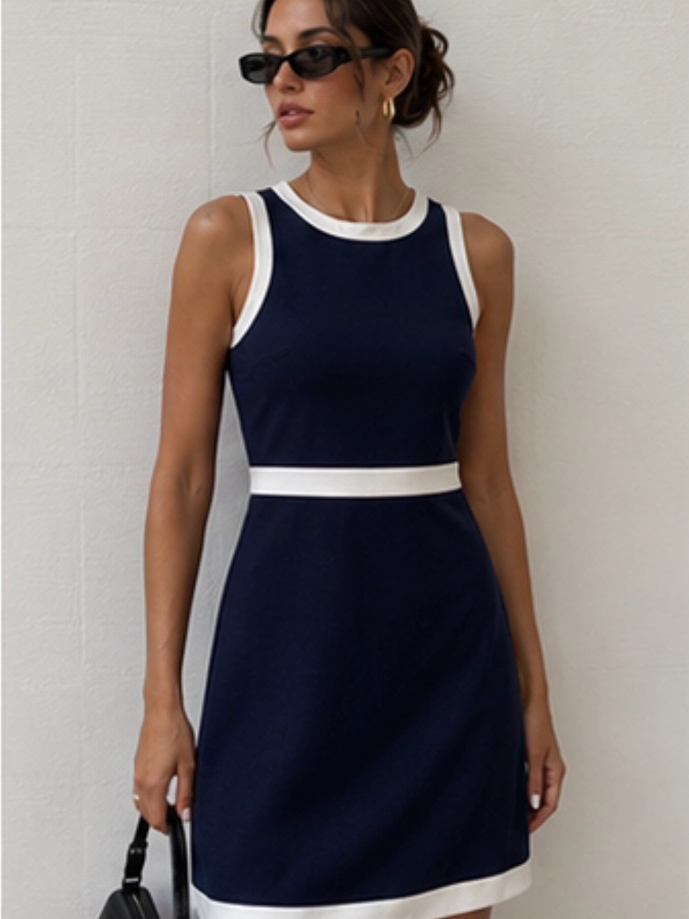 Navy and White Contrast Trim Sleeveless Mini Dress
